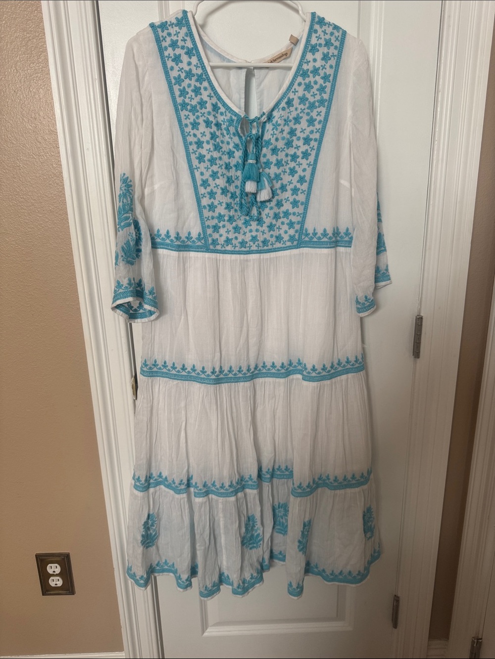 Soft Surroundings White Midi Dress with Turquoise Embroidery